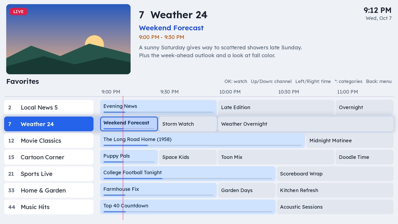The bitsy TV guide in the Daylight theme: a live preview at the top, now-playing details, and a channel-by-time grid with the current show highlighted.